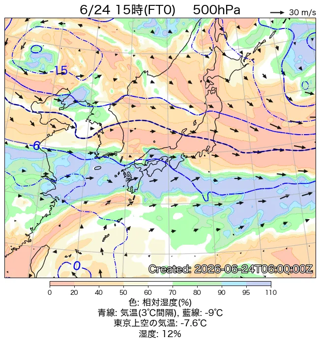 2026年6月24日の日本周辺の500hPa天気図（15時）