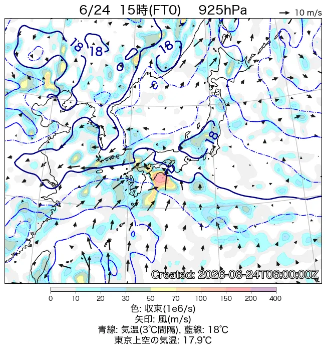 2026年6月24日の日本周辺の925hPa天気図（15時）
