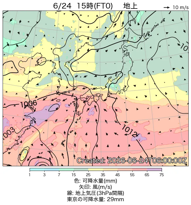 2026年6月24日の日本周辺の地上天気図（15時）