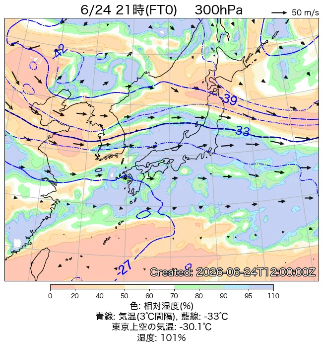2026年6月24日の日本周辺の300hPa天気図（21時）