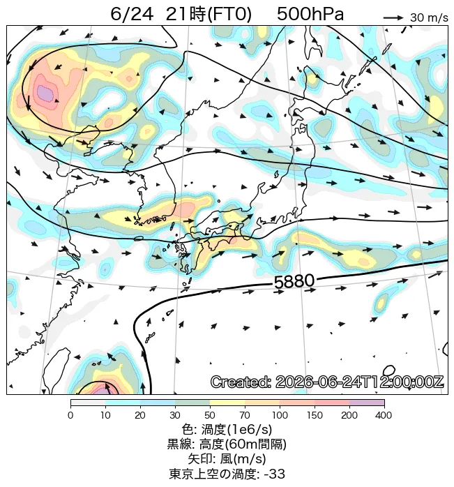 2026年6月24日の日本周辺の500hPa天気図（21時）