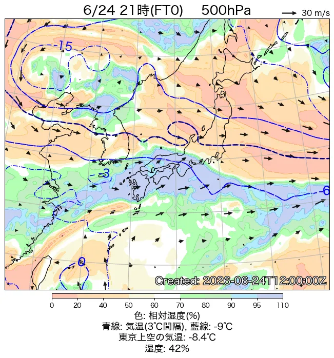 2026年6月24日の日本周辺の500hPa天気図（21時）