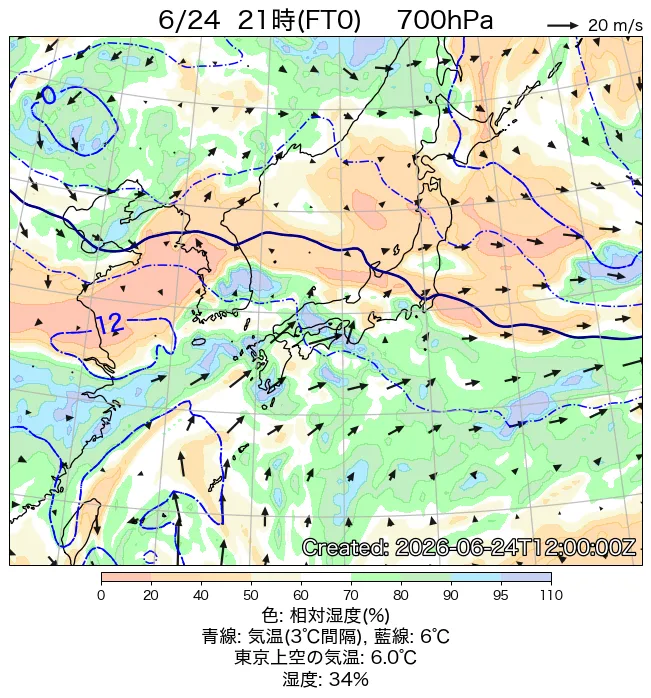2026年6月24日の日本周辺の700hPa天気図（21時）