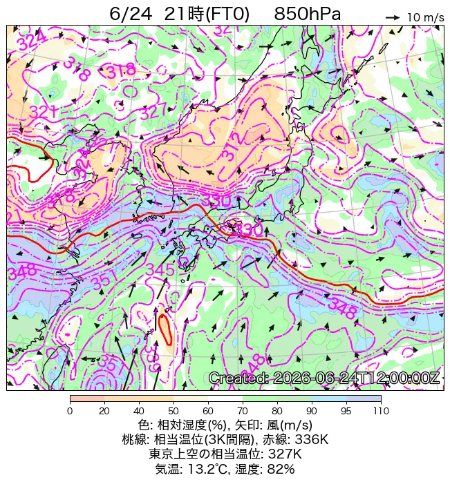 2026年6月24日の日本周辺の850hPa天気図（21時）