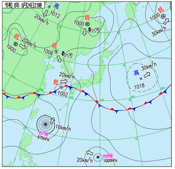 2026年6月24日21時の速報天気図