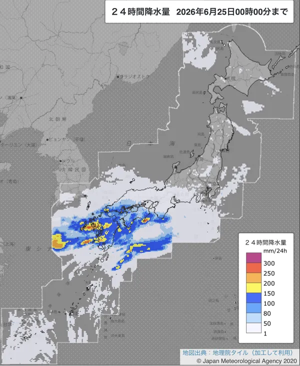 2026年6月24日の日本周辺の日解析雨量の図