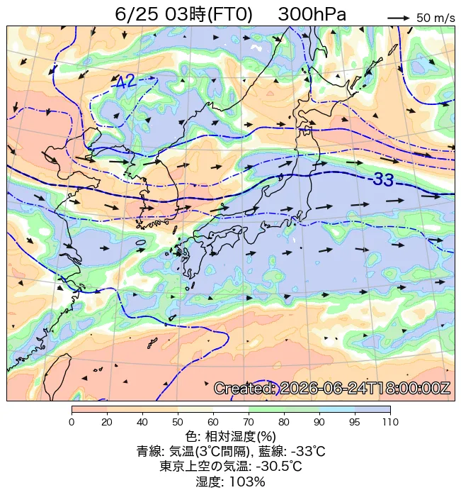 2026年6月25日の日本周辺の300hPa天気図（3時）