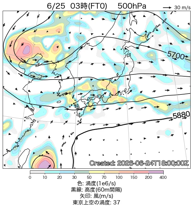 2026年6月25日の日本周辺の500hPa天気図（3時）
