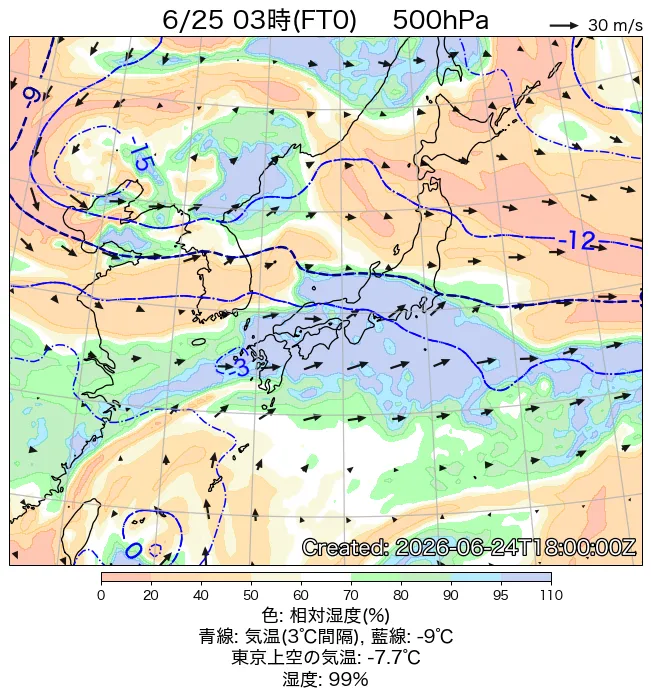 2026年6月25日の日本周辺の500hPa天気図（3時）