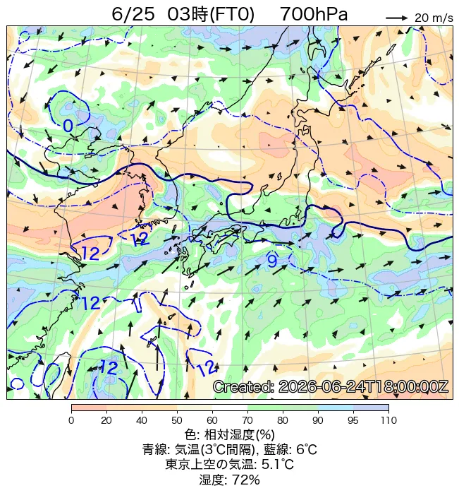 2026年6月25日の日本周辺の700hPa天気図（3時）