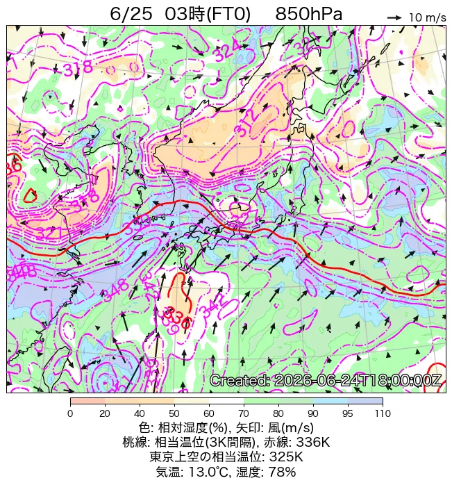 2026年6月25日の日本周辺の850hPa天気図（3時）