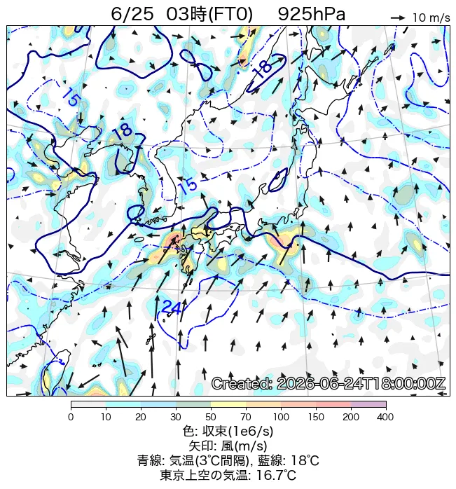 2026年6月25日の日本周辺の925hPa天気図（3時）