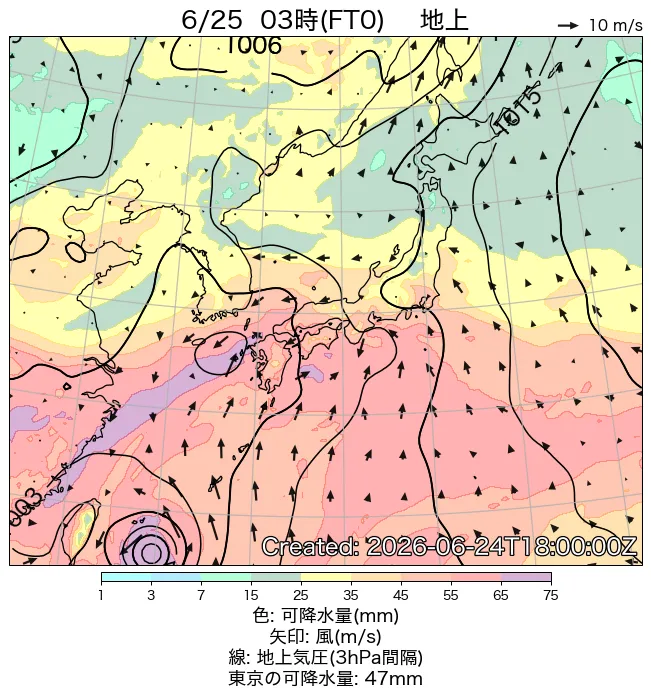 2026年6月25日の日本周辺の地上天気図（3時）