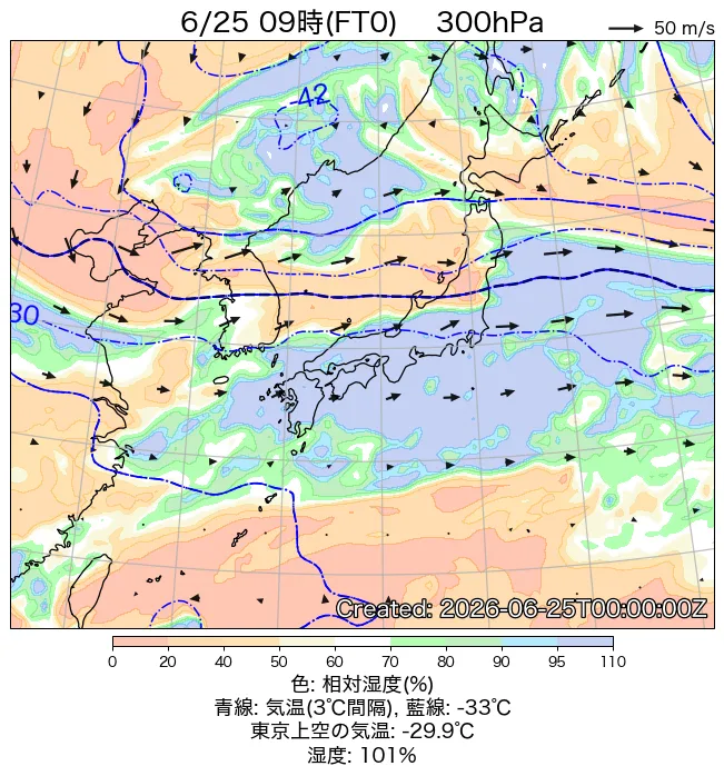 2026年6月25日の日本周辺の300hPa天気図（9時）