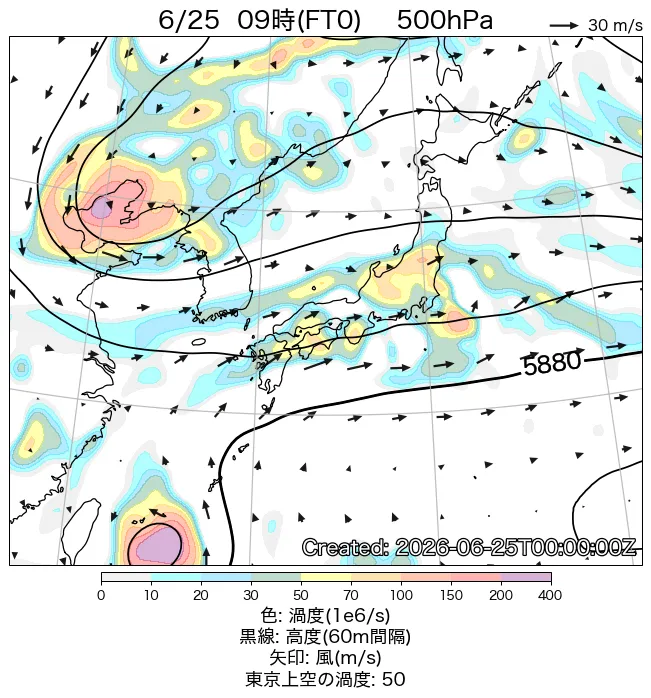 2026年6月25日の日本周辺の500hPa天気図（9時）
