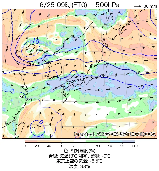 2026年6月25日の日本周辺の500hPa天気図（9時）