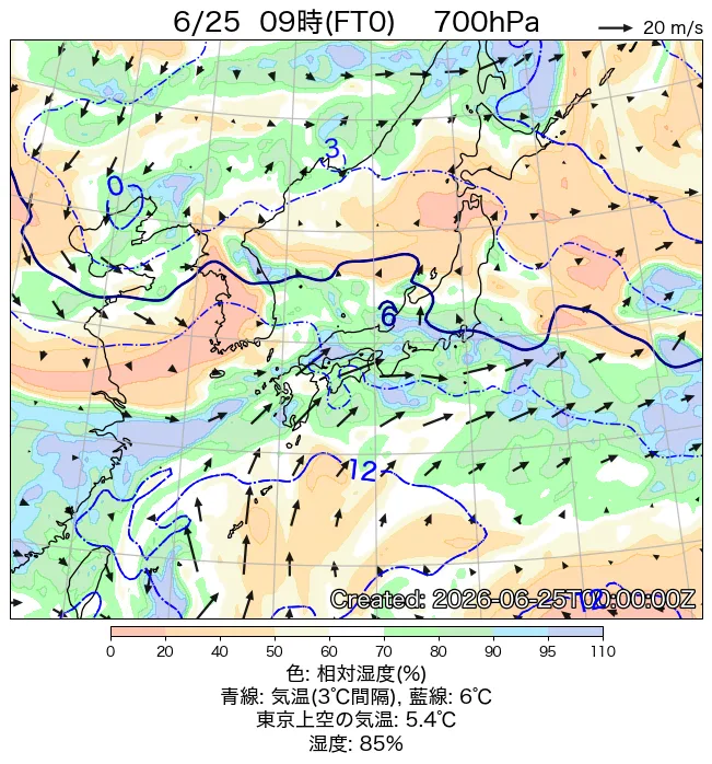 2026年6月25日の日本周辺の700hPa天気図（9時）