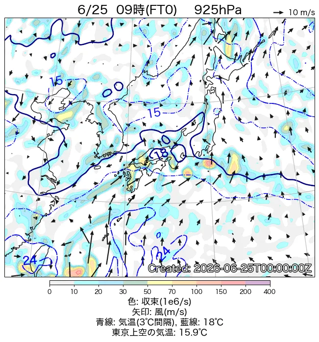 2026年6月25日の日本周辺の925hPa天気図（9時）