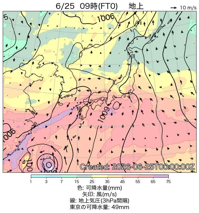 2026年6月25日の日本周辺の地上天気図（9時）