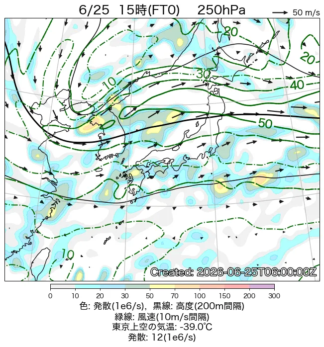 2026年6月25日の日本周辺の250hPa天気図（15時）