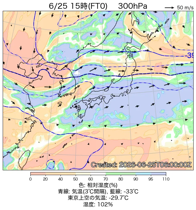 2026年6月25日の日本周辺の300hPa天気図（15時）