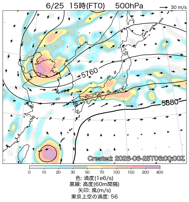 2026年6月25日の日本周辺の500hPa天気図（15時）