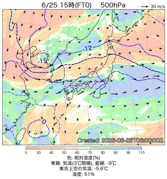 2026年6月25日の日本周辺の500hPa天気図（15時）