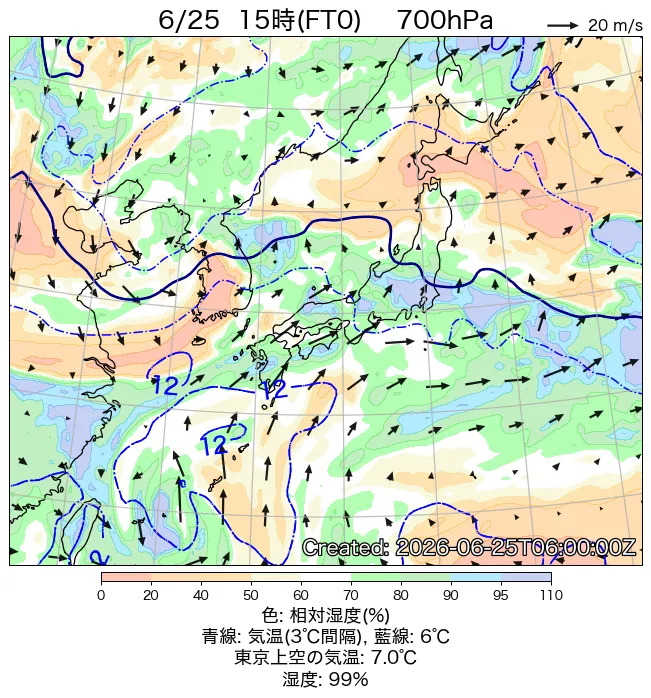 2026年6月25日の日本周辺の700hPa天気図（15時）