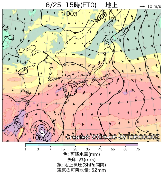 2026年6月25日の日本周辺の地上天気図（15時）