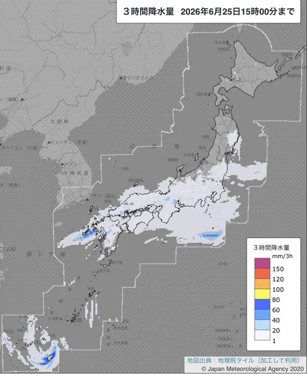2026年6月25日12〜15時の日本周辺の3時間解析降水量