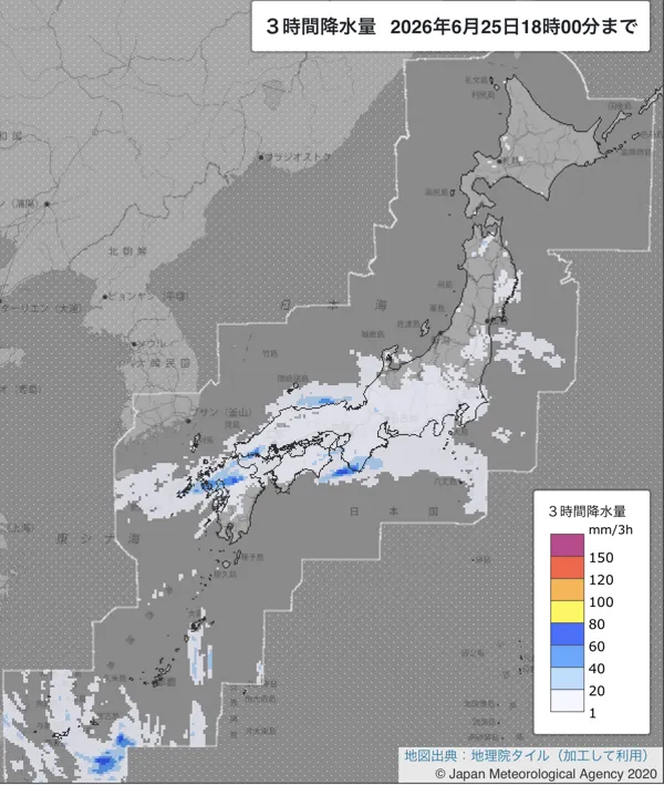 2026年6月25日15〜18時の日本周辺の3時間解析降水量