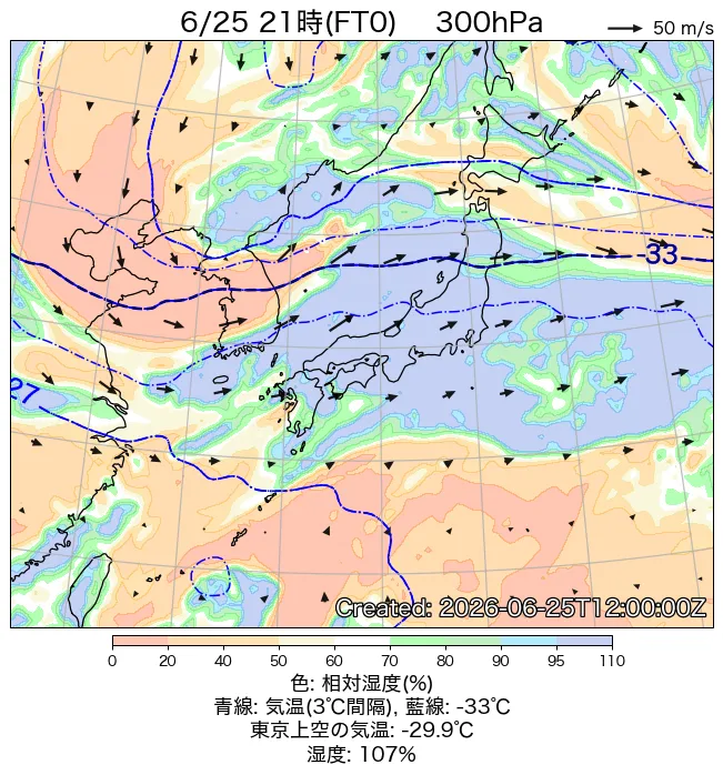 2026年6月25日の日本周辺の300hPa天気図（21時）