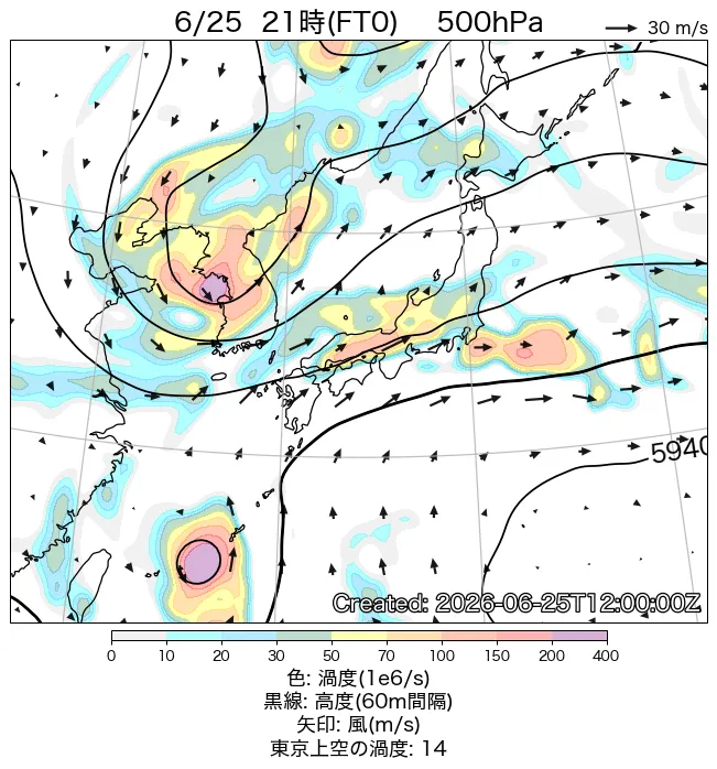 2026年6月25日の日本周辺の500hPa天気図（21時）