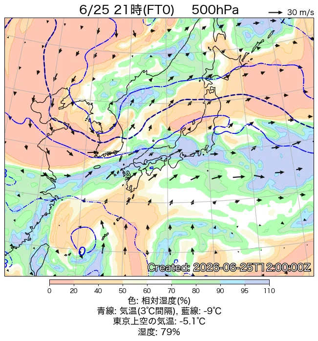 2026年6月25日の日本周辺の500hPa天気図（21時）