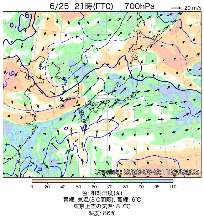 2026年6月25日の日本周辺の700hPa天気図（21時）