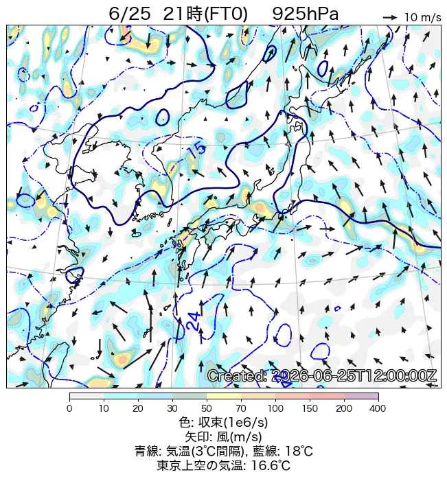 2026年6月25日の日本周辺の925hPa天気図（21時）
