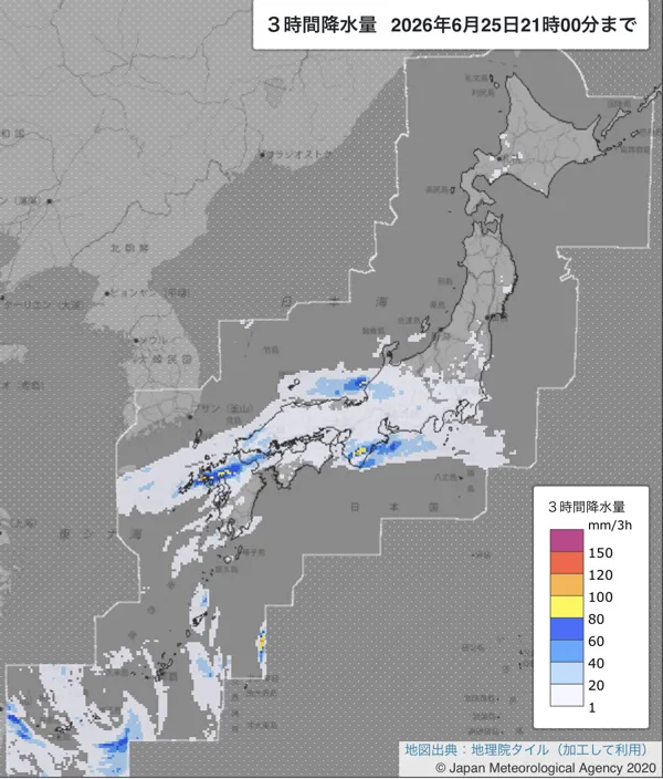2026年6月25日18〜21時の日本周辺の3時間解析降水量