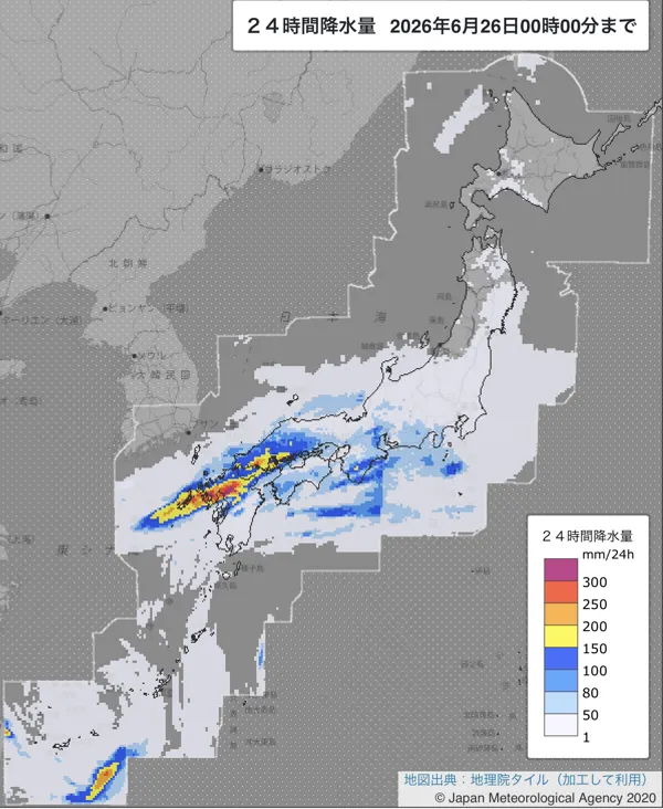 2026年6月25日の日本周辺の日解析雨量の図
