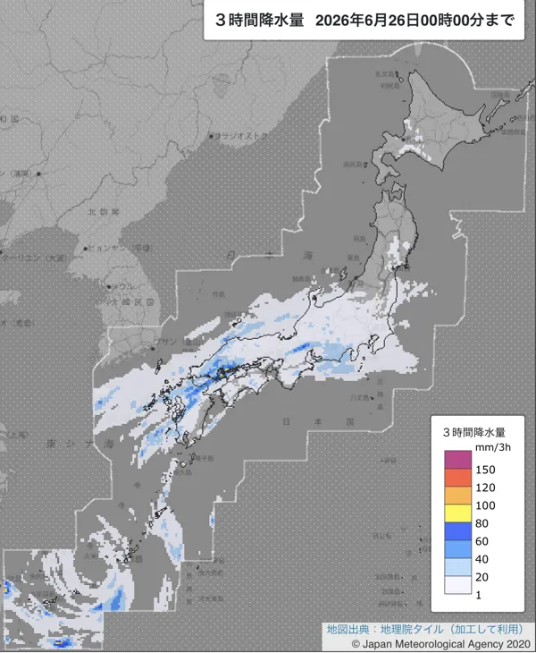 2026年6月25日21〜24時の日本周辺の3時間解析降水量