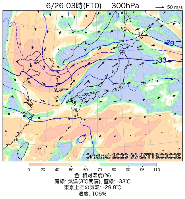 2026年6月26日の日本周辺の300hPa天気図（3時）
