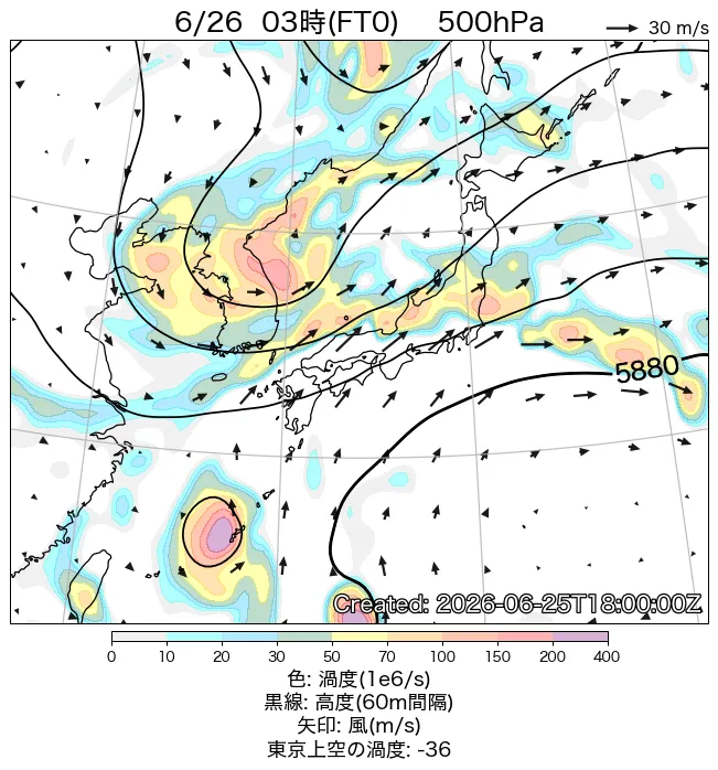 2026年6月26日の日本周辺の500hPa天気図（3時）