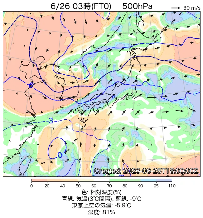 2026年6月26日の日本周辺の500hPa天気図（3時）
