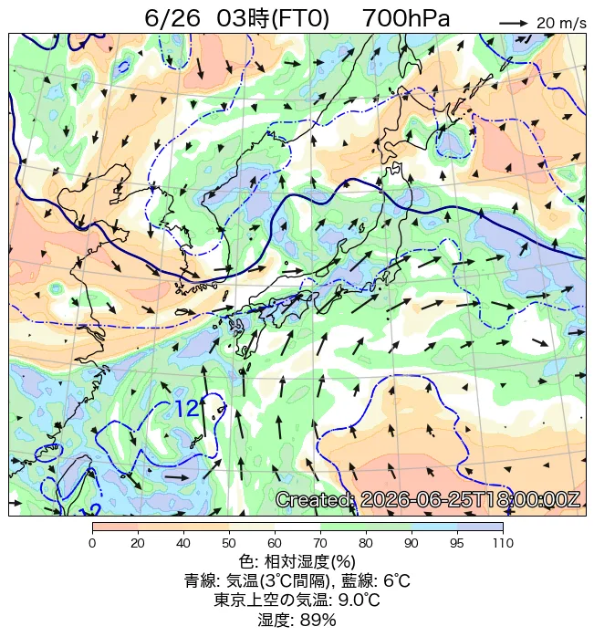 2026年6月26日の日本周辺の700hPa天気図（3時）