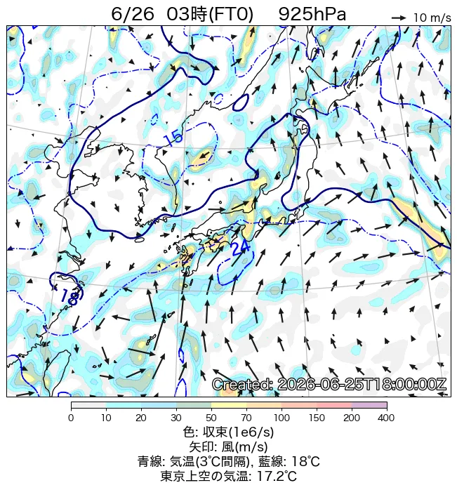 2026年6月26日の日本周辺の925hPa天気図（3時）