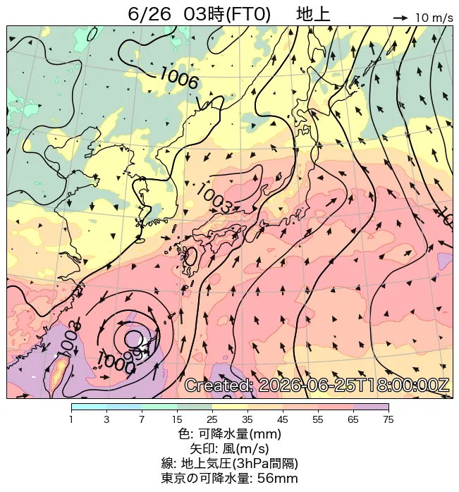 2026年6月26日の日本周辺の地上天気図（3時）