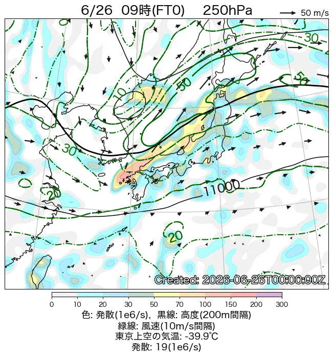 2026年6月26日の日本周辺の250hPa天気図（9時）