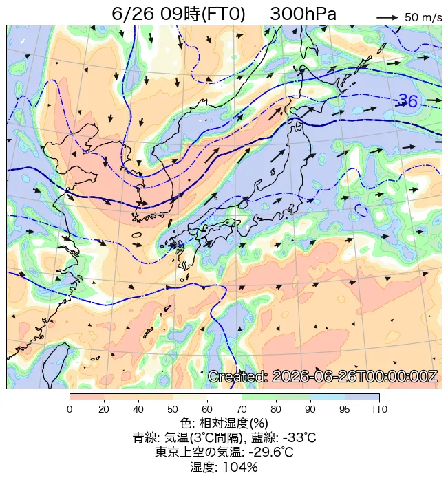2026年6月26日の日本周辺の300hPa天気図（9時）