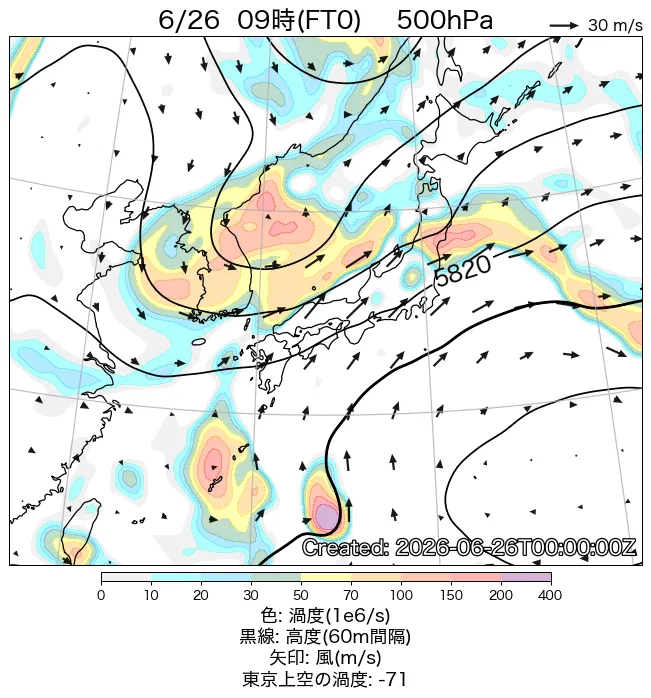 2026年6月26日の日本周辺の500hPa天気図（9時）
