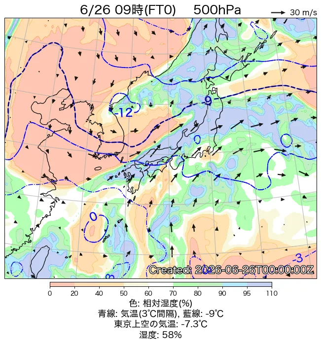 2026年6月26日の日本周辺の500hPa天気図（9時）