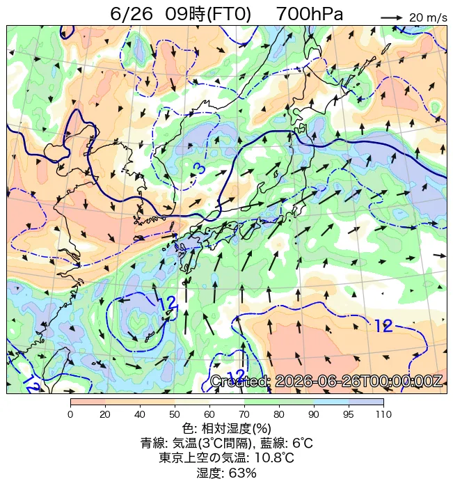 2026年6月26日の日本周辺の700hPa天気図（9時）